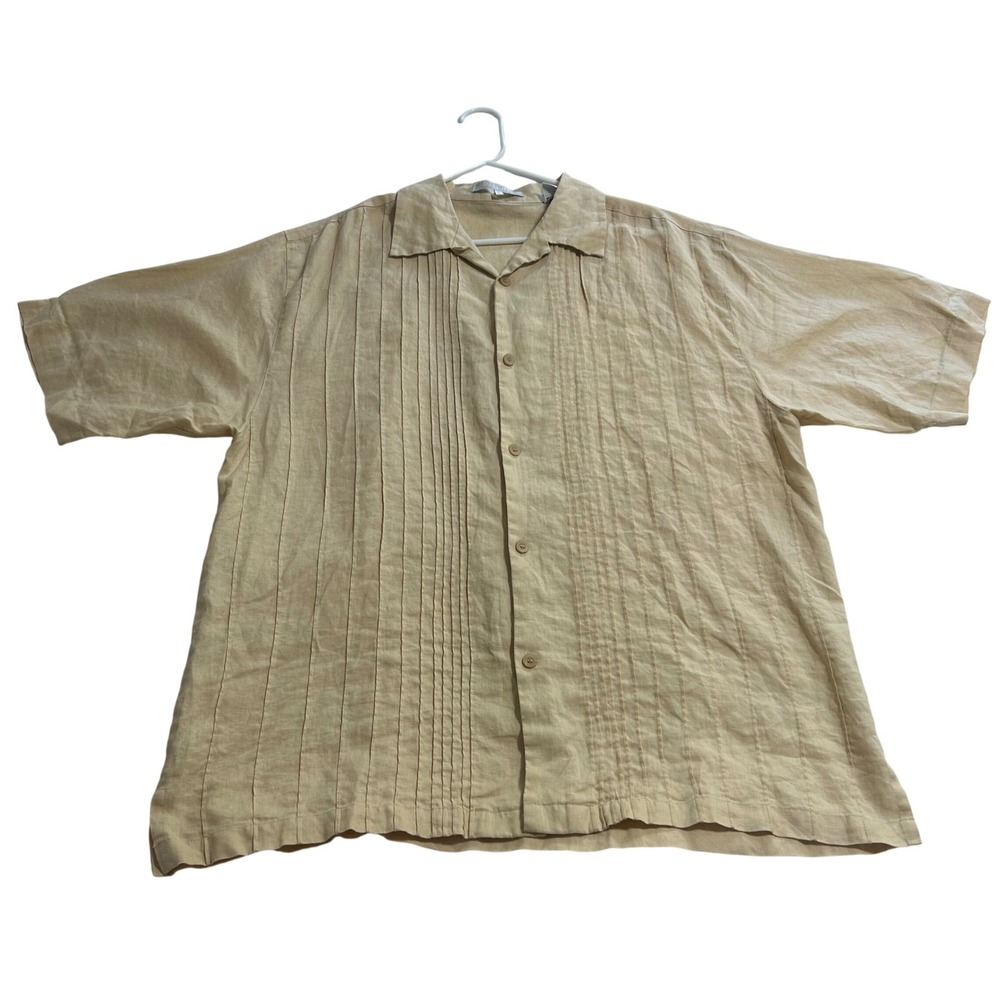 Lorenier Mens XL Yellow 100% Linen Short Sleeve Pintuck Pleated Guayabera Shirt